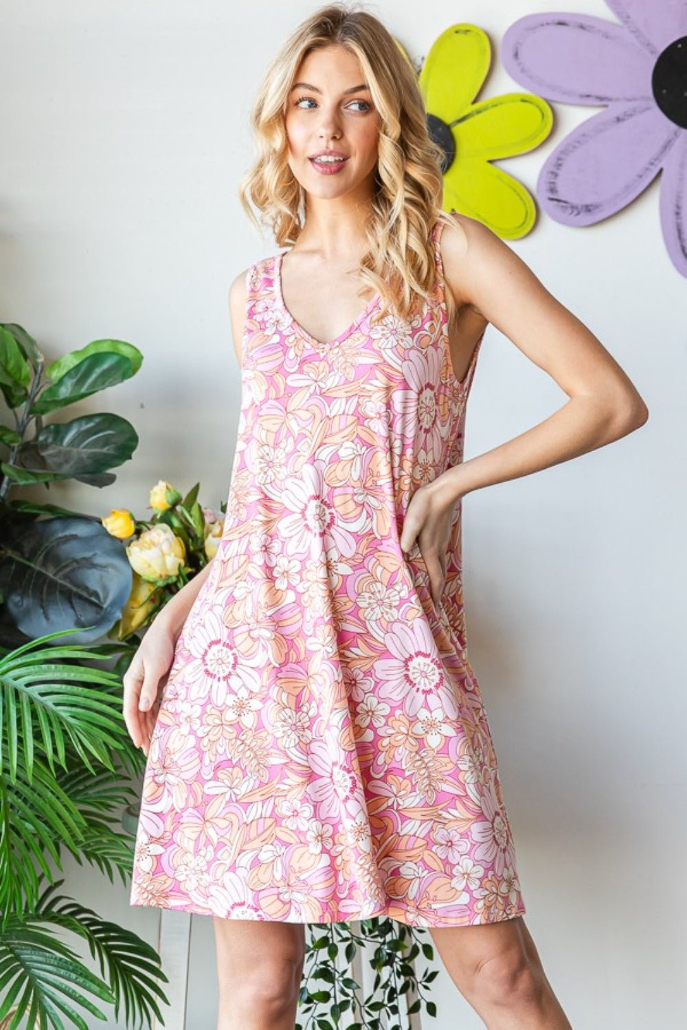 Heimish Full Size Floral V - Neck Tank Dress with Pockets - Day Dress - Pink Multi - Bella Bourget