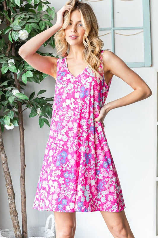 Heimish Full Size Floral V - Neck Tank Dress with Pockets - Day Dress - Fuchsia Multi - Bella Bourget