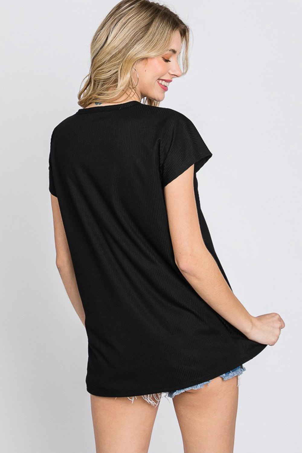 Heimish Full Size Front Button V - Neck Short Sleeve T - Shirt - blouse - Black - Bella Bourget