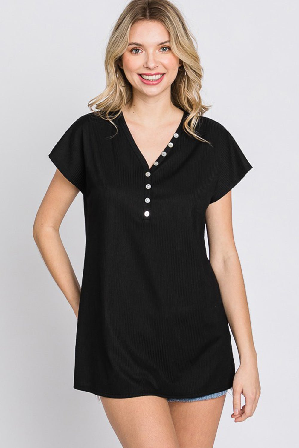 Heimish Full Size Front Button V - Neck Short Sleeve T - Shirt - blouse - Black - Bella Bourget