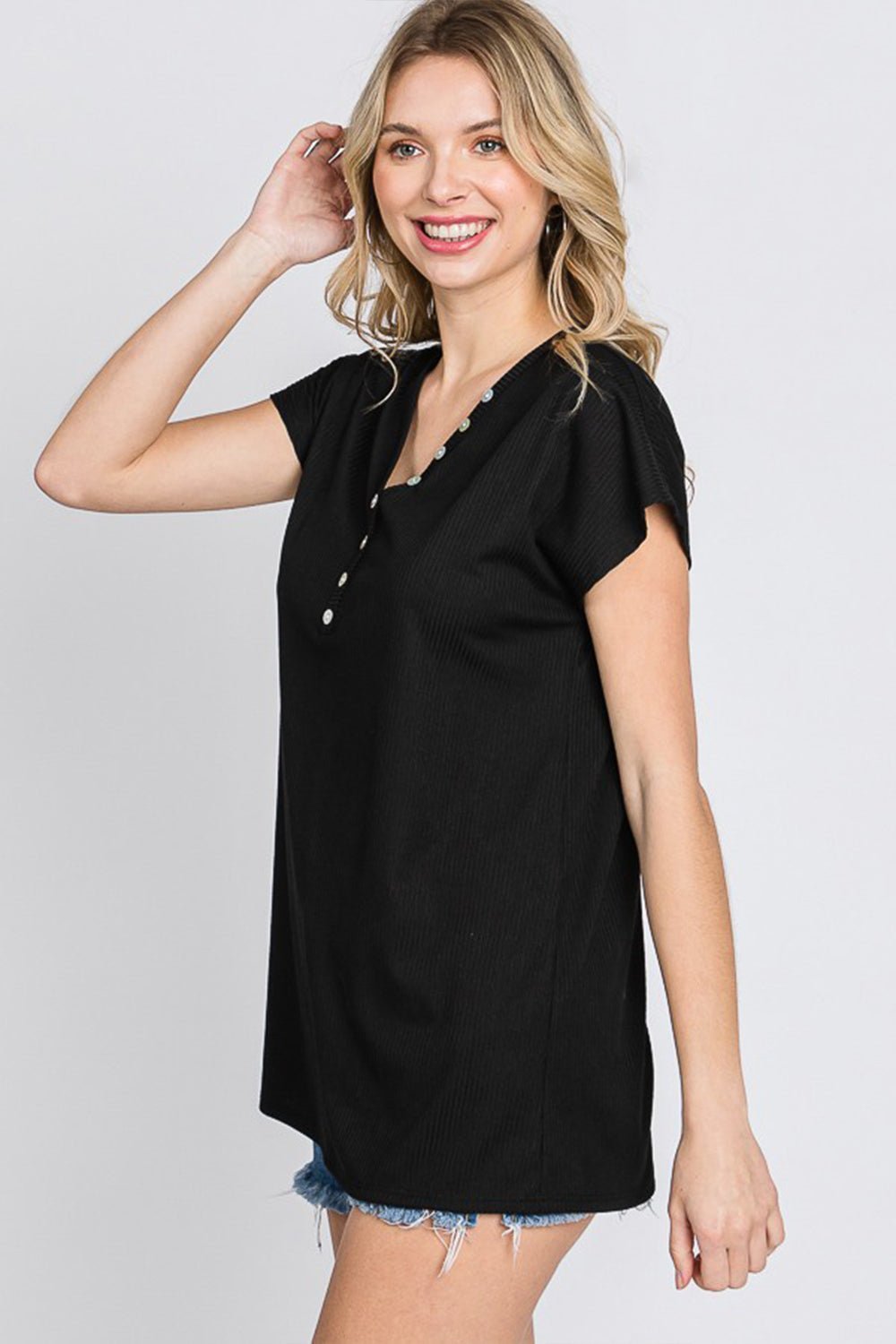 Heimish Full Size Front Button V - Neck Short Sleeve T - Shirt - blouse - Black - Bella Bourget