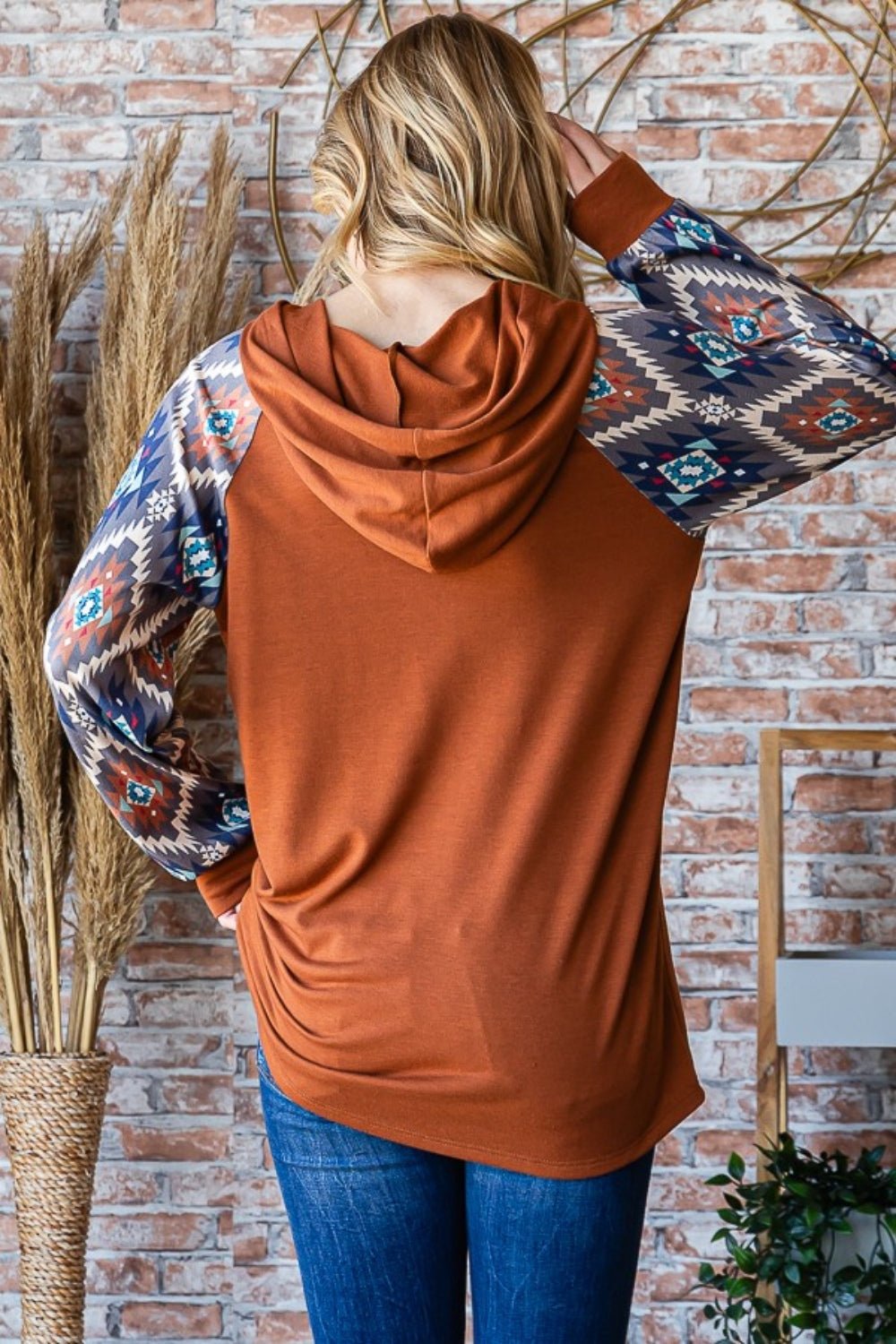 Heimish Full Size Half Button Printed Long Sleeve Hooded Top - Hoodie - Mocha Brown - Bella Bourget