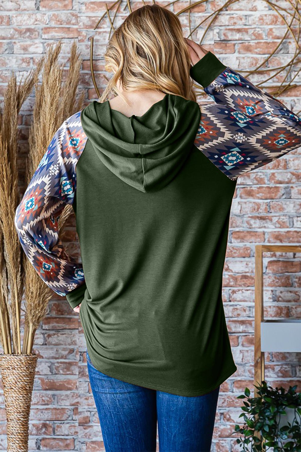 Heimish Full Size Half Button Printed Long Sleeve Hooded Top - Hoodie - Olive - Bella Bourget