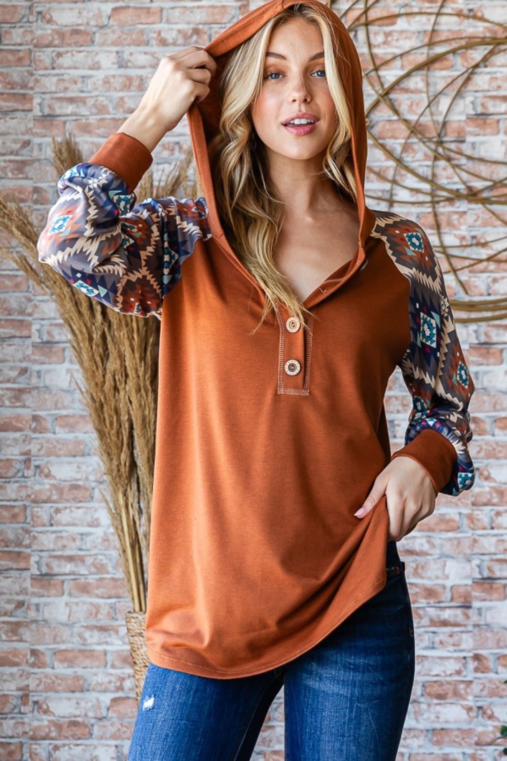 Heimish Full Size Half Button Printed Long Sleeve Hooded Top - Hoodie - Mocha Brown - Bella Bourget