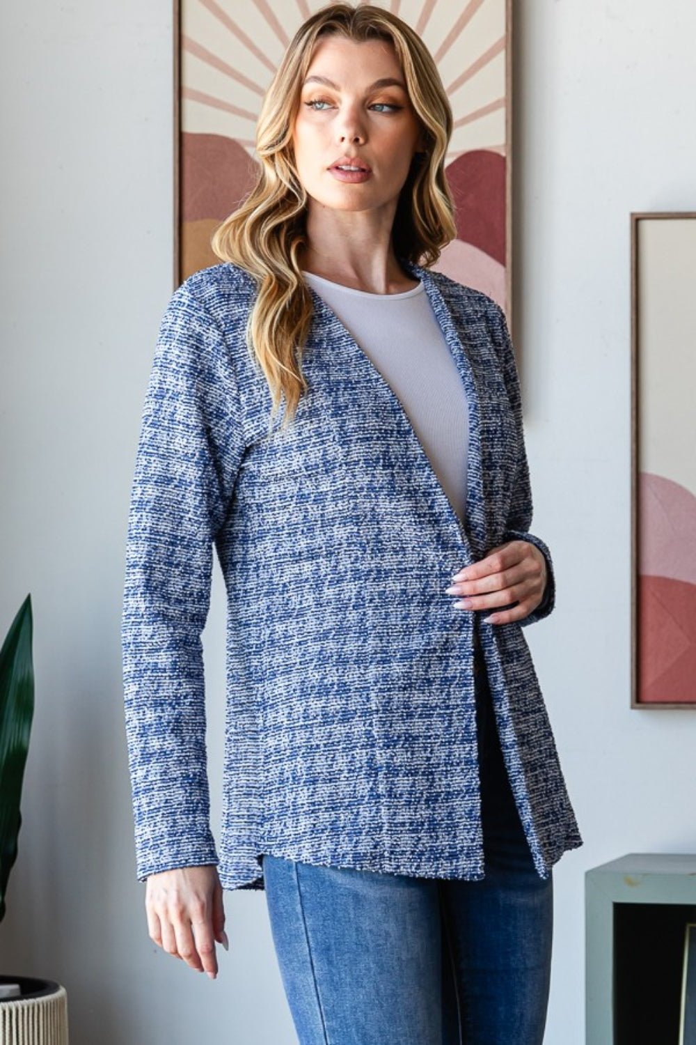 Heimish Full Size Houndstooth Tweed Open Front Blazer - Blazer - Royal - Bella Bourget