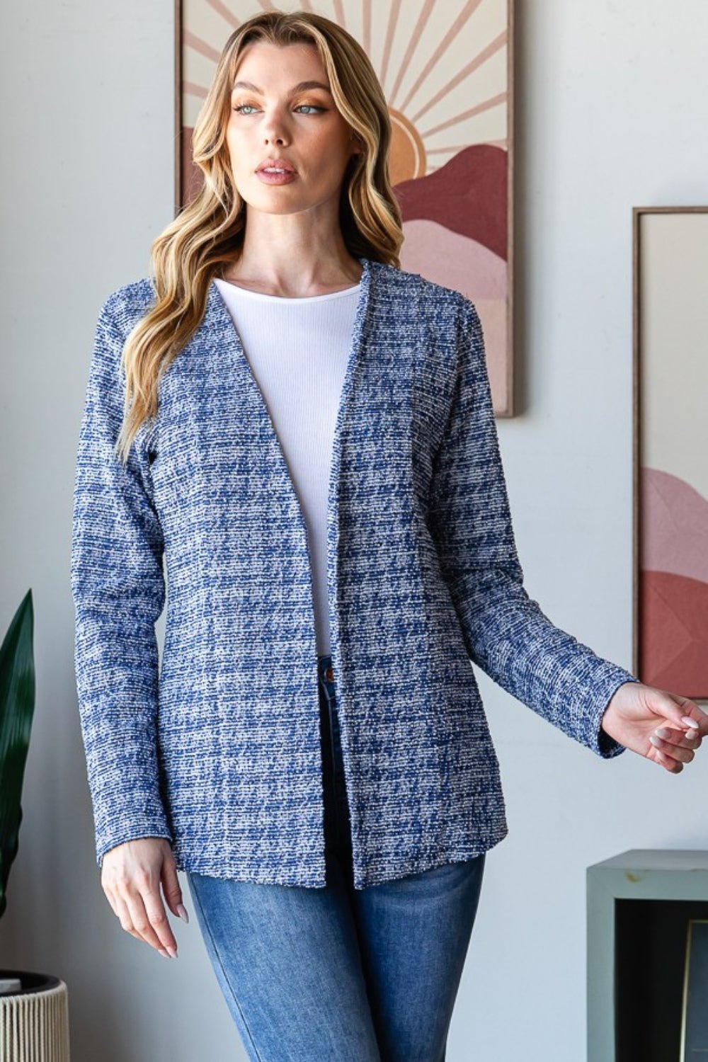 Heimish Full Size Houndstooth Tweed Open Front Blazer - Blazer - Royal - Bella Bourget