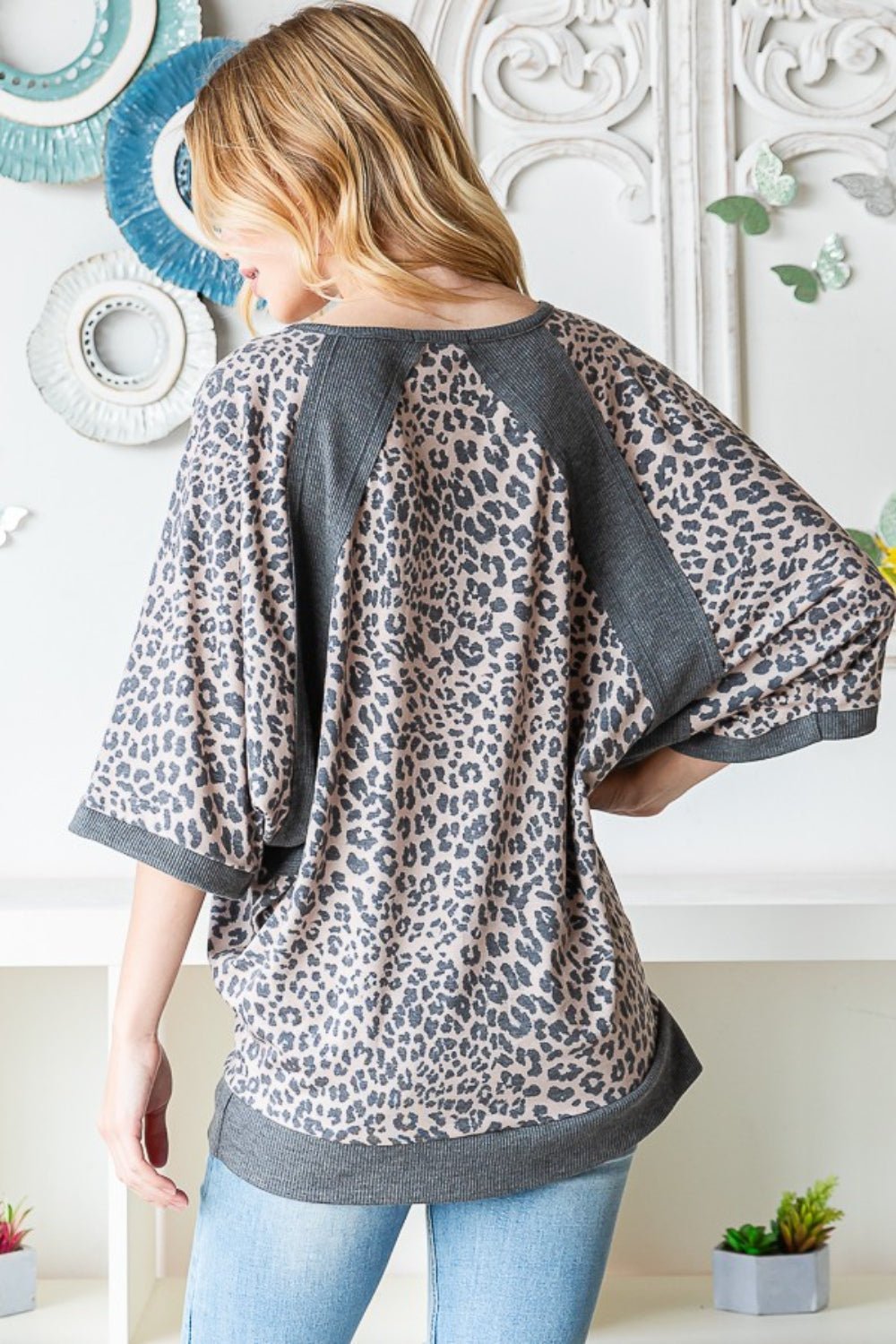 Heimish Full Size Leopard Contrast V - Neck Half Sleeve T - Shirt - blouse - MOCHA/CHARCOAL - Bella Bourget