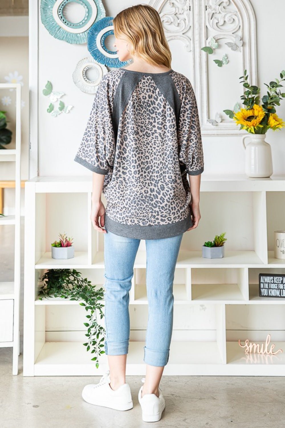 Heimish Full Size Leopard Contrast V - Neck Half Sleeve T - Shirt - blouse - MOCHA/CHARCOAL - Bella Bourget