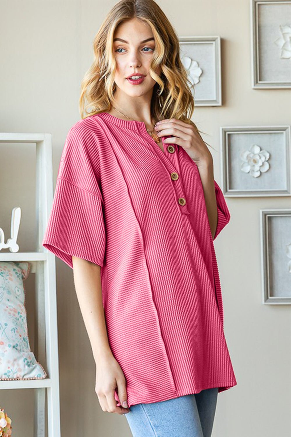 Heimish Full Size Ribbed Half Button Drop Shoulder Top - blouse - HOT PINK - Bella Bourget