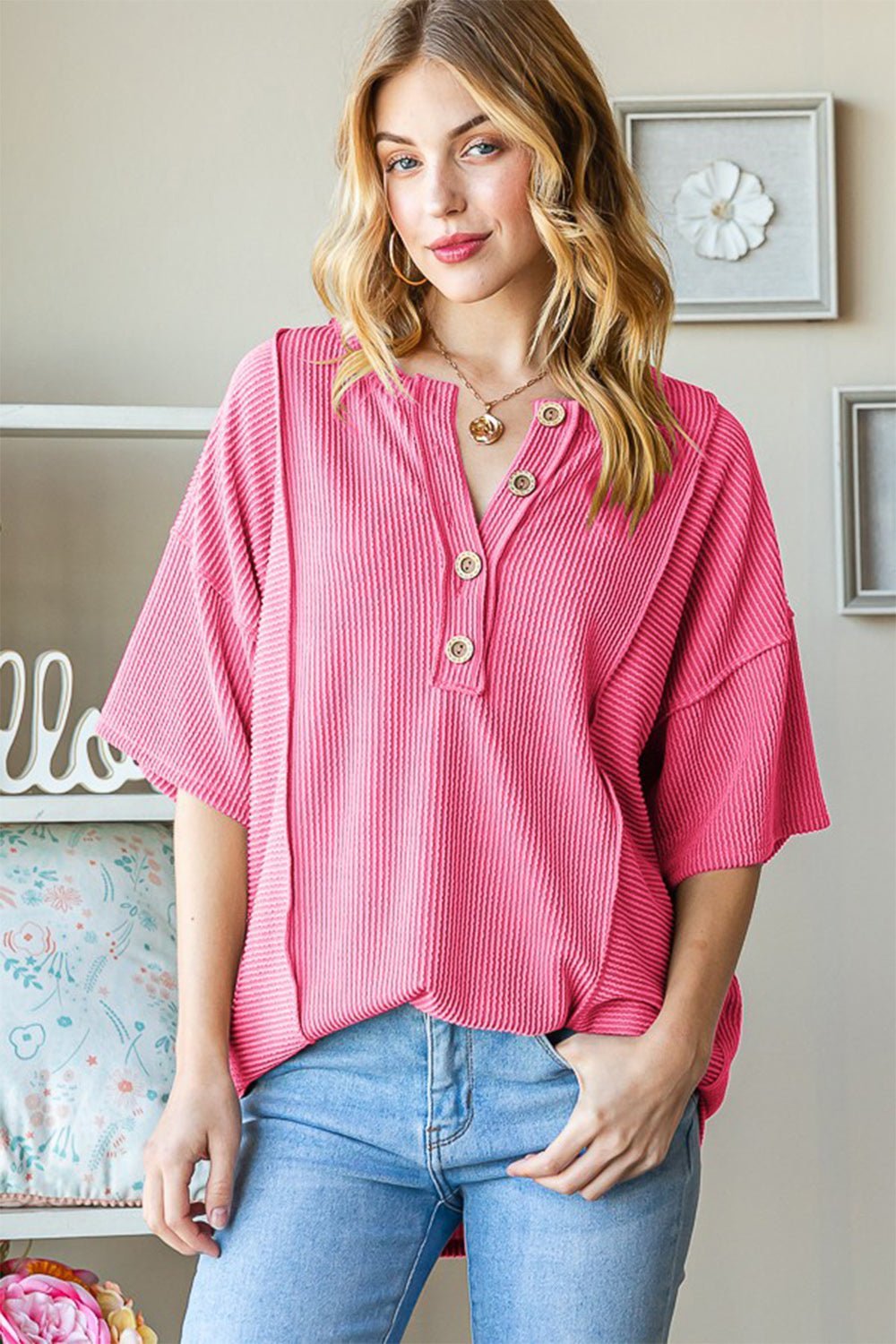 Heimish Full Size Ribbed Half Button Drop Shoulder Top - blouse - HOT PINK - Bella Bourget