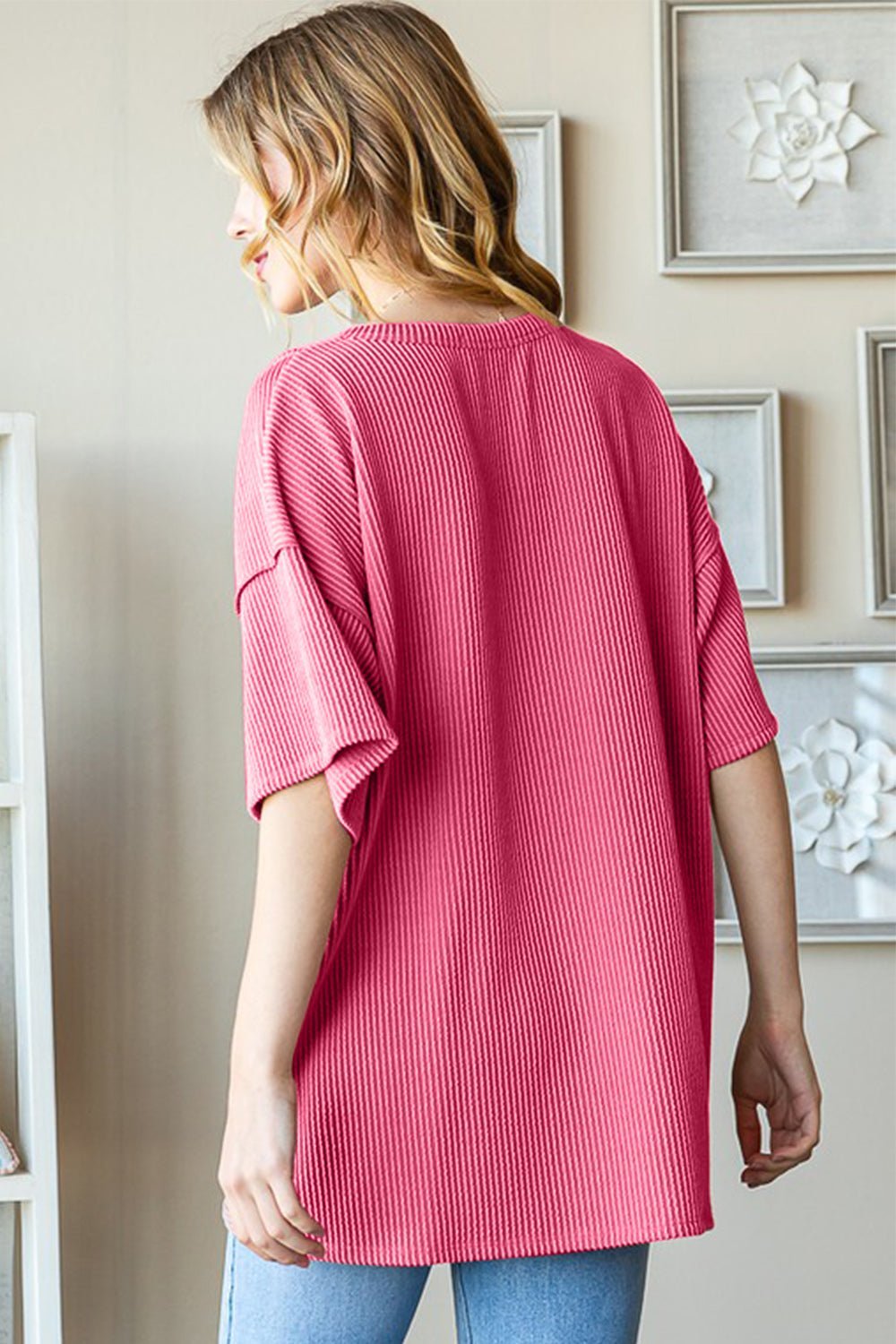 Heimish Full Size Ribbed Half Button Drop Shoulder Top - blouse - HOT PINK - Bella Bourget