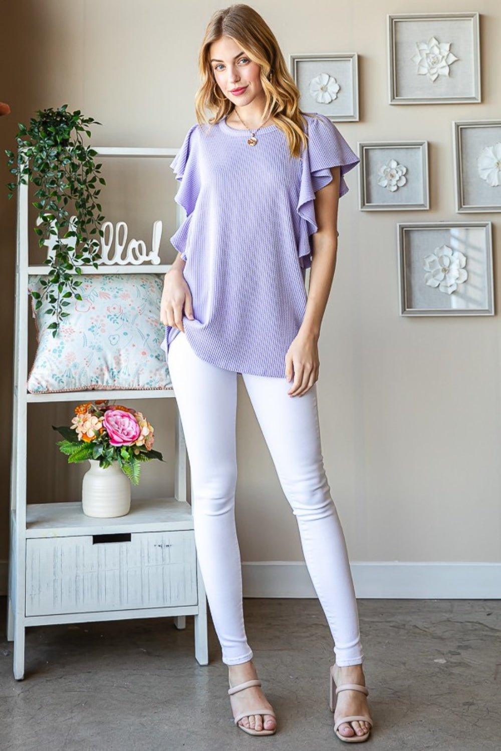 Heimish Full Size Ruffled Sleeve Ribbed Top - Top - Lavender - Bella Bourget