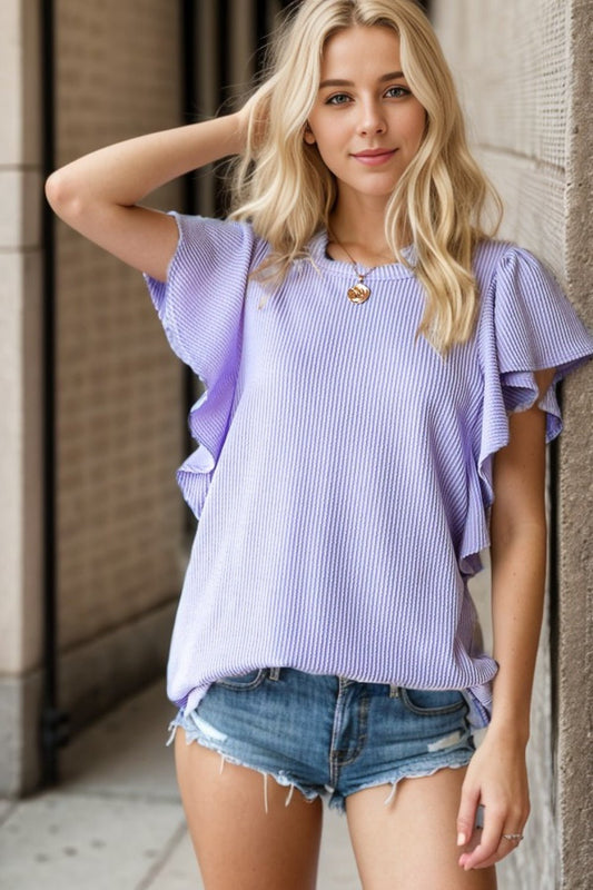 Heimish Full Size Ruffled Sleeve Ribbed Top - Top - Lavender - Bella Bourget