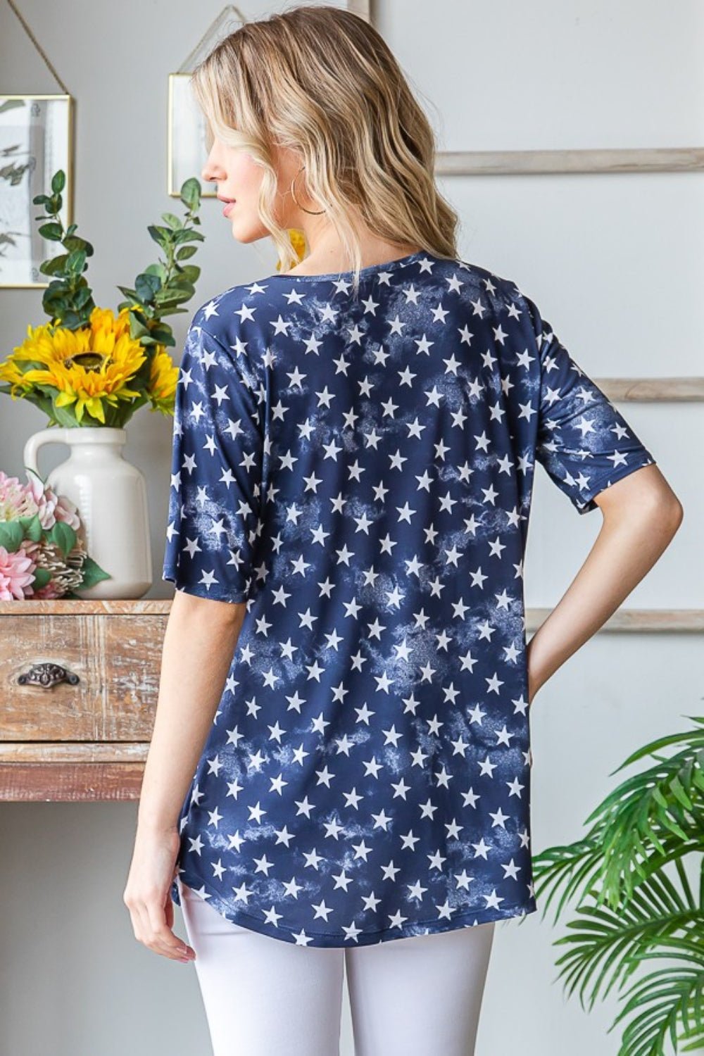 Heimish Full Size Short Sleeve Crisscross Star Babydoll Top - Top - Navy Star - Bella Bourget