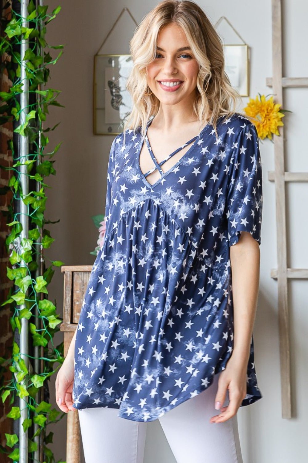 Heimish Full Size Short Sleeve Crisscross Star Babydoll Top - Top - Navy Star - Bella Bourget