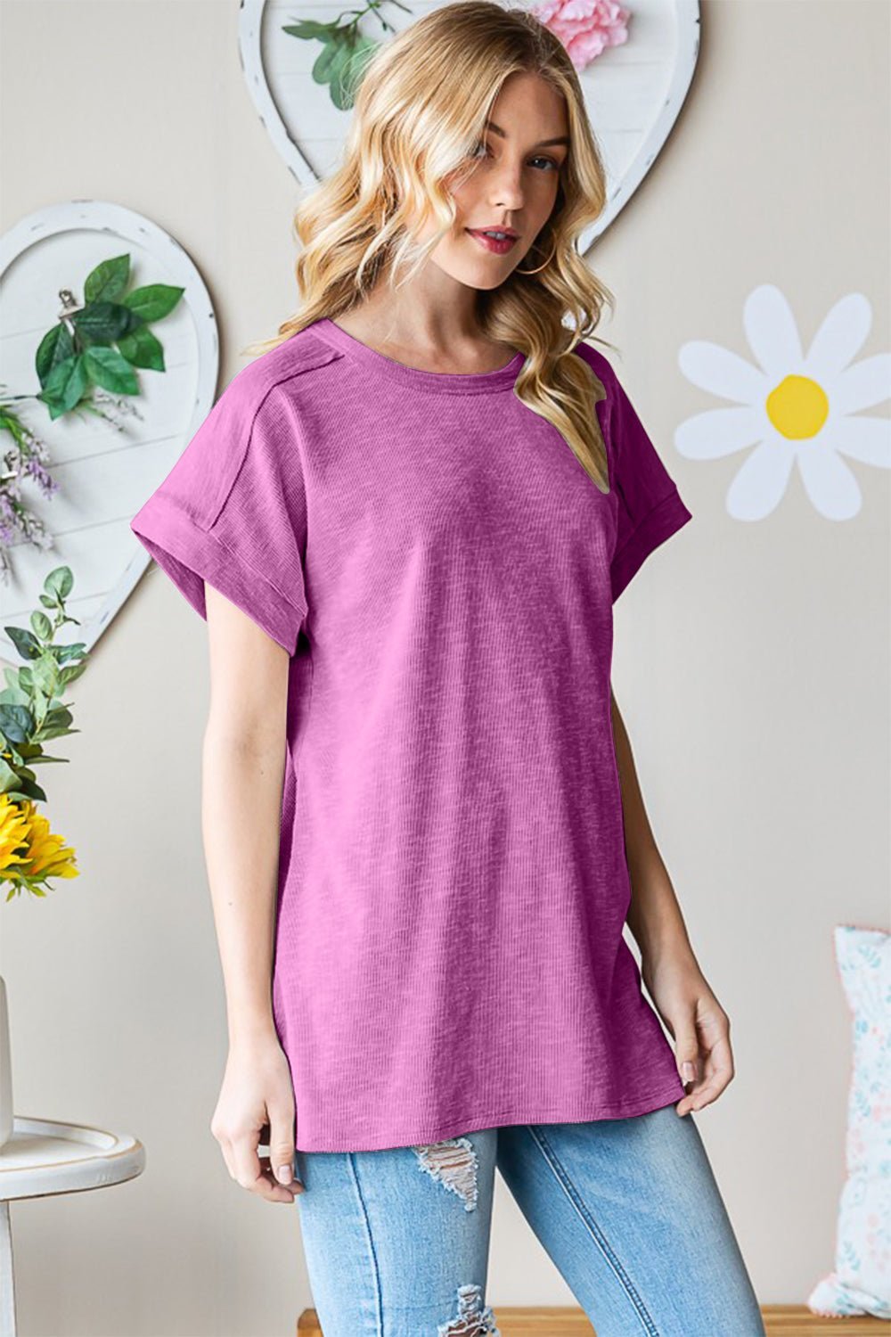 Heimish Full Size Short Sleeve Round Neck T - Shirt - Top - Magenta - Bella Bourget