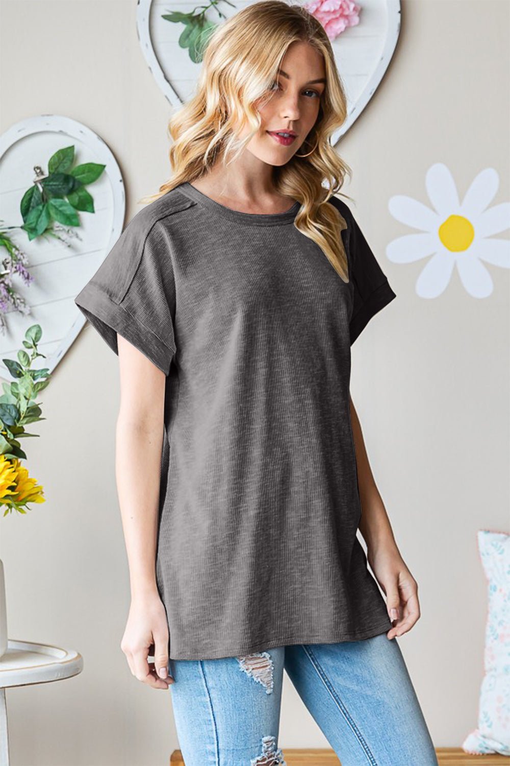 Heimish Full Size Short Sleeve Round Neck T - Shirt - Top - Charcoal - Bella Bourget