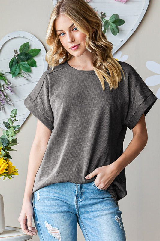 Heimish Full Size Short Sleeve Round Neck T - Shirt - Top - Charcoal - Bella Bourget