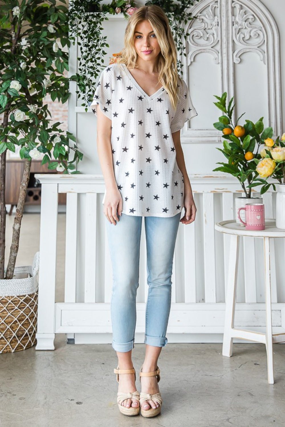 Heimish Full Size Star Print Short Sleeve V - Neck Waffle Knit T - Shirt - blouse - IVORY/BLACK - Bella Bourget