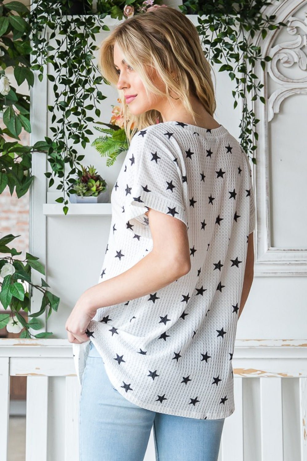 Heimish Full Size Star Print Short Sleeve V - Neck Waffle Knit T - Shirt - blouse - IVORY/BLACK - Bella Bourget