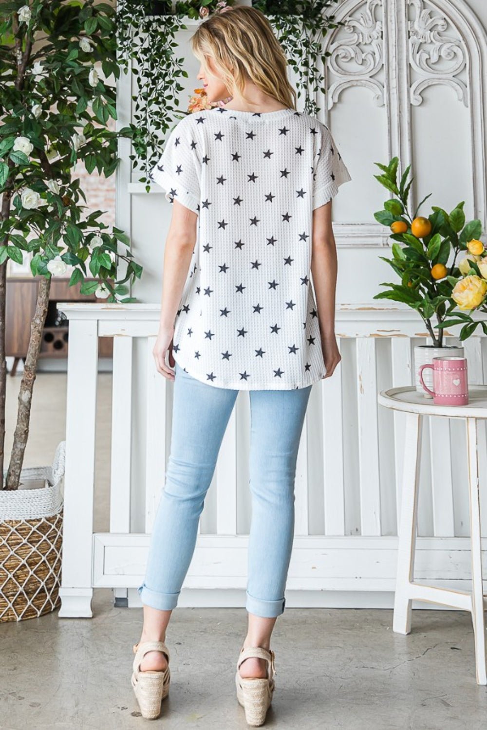 Heimish Full Size Star Print Short Sleeve V - Neck Waffle Knit T - Shirt - blouse - IVORY/BLACK - Bella Bourget