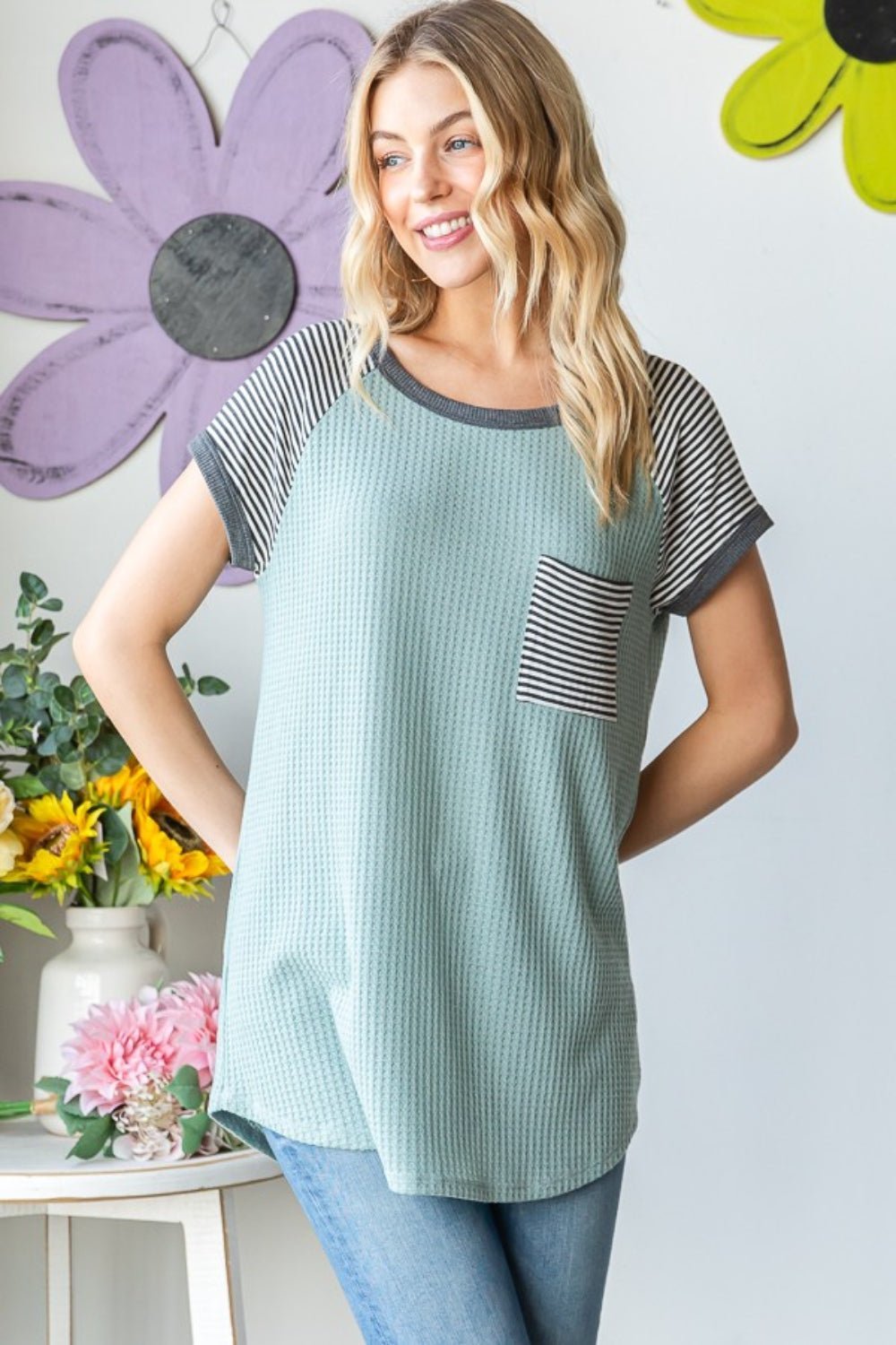 Heimish Full Size Striped Short Sleeve Waffle T - Shirt - Top - Sage - Bella Bourget