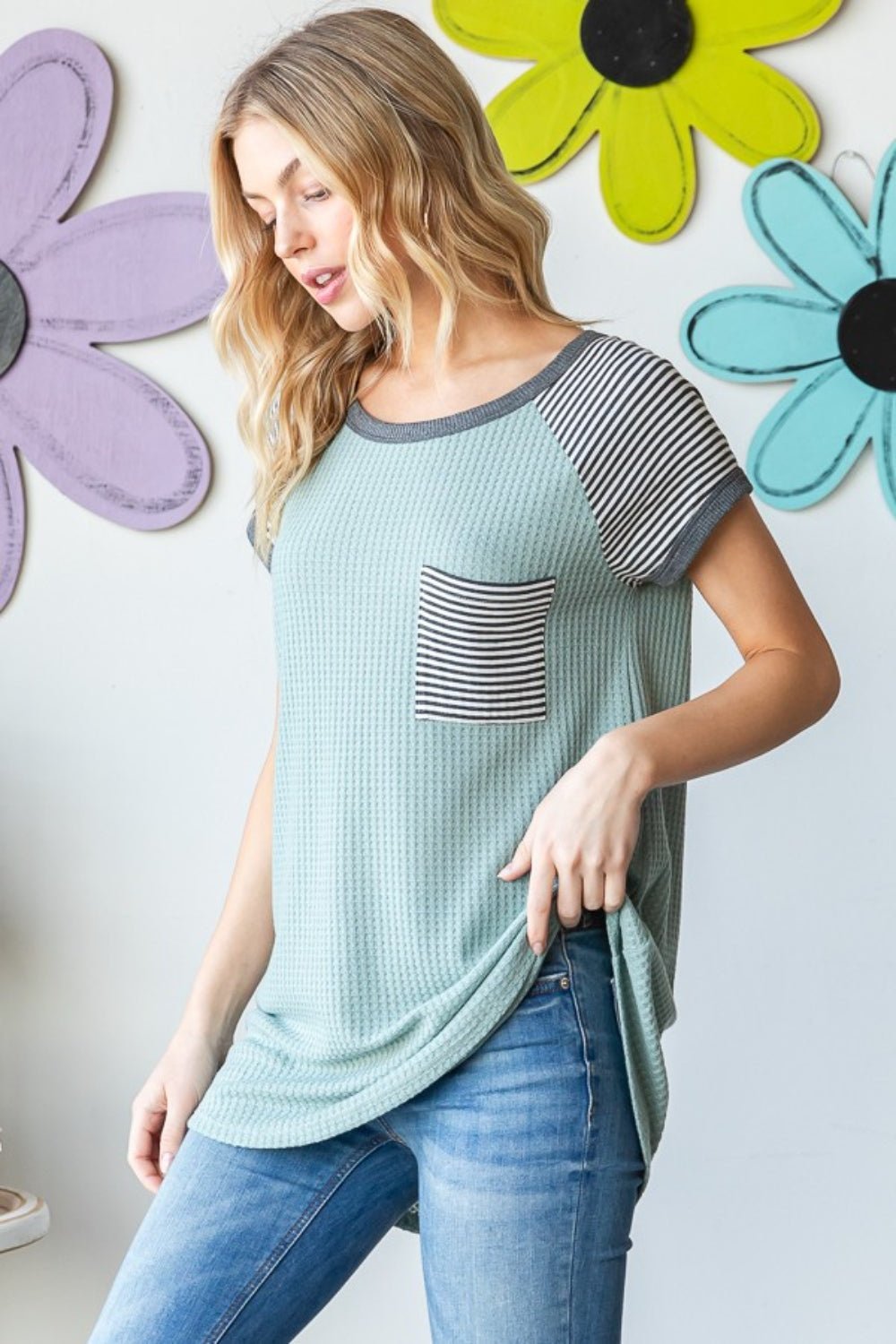 Heimish Full Size Striped Short Sleeve Waffle T - Shirt - Top - Sage - Bella Bourget