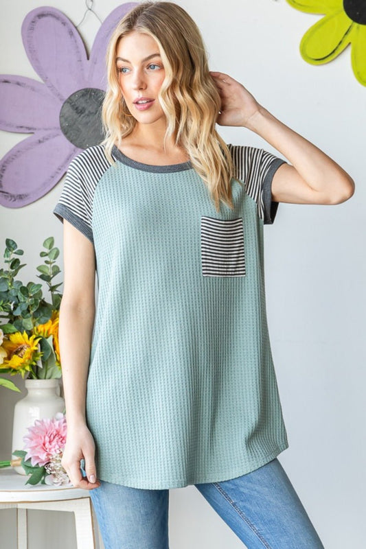 Heimish Full Size Striped Short Sleeve Waffle T - Shirt - Top - Sage - Bella Bourget