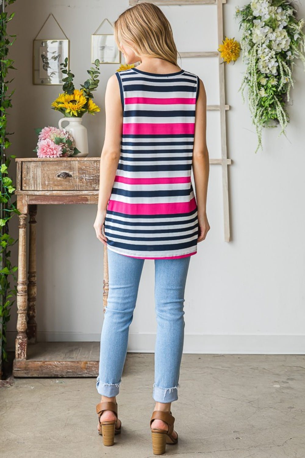 Heimish Full Size Striped Twist Knot Round Neck Tank - Top - NAVY/FUCHSIA - Bella Bourget