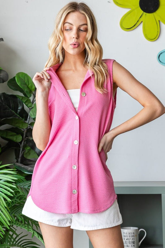 Heimish Full Size Texture Button Up Sleeveless Top - Top - Pink - Bella Bourget