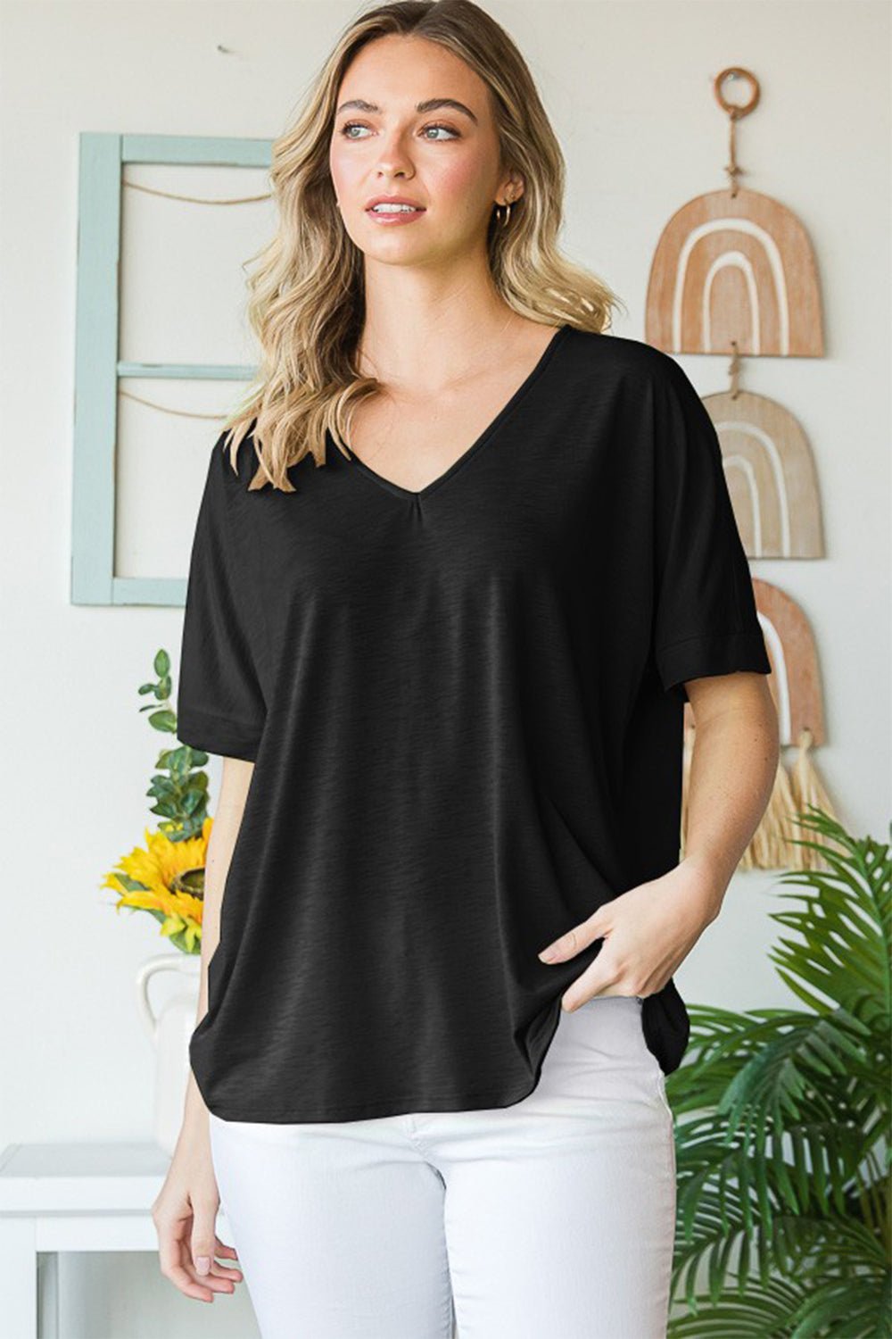 Heimish Full Size V - Neck Short Sleeve T - Shirt - Top - BLACK - Bella Bourget