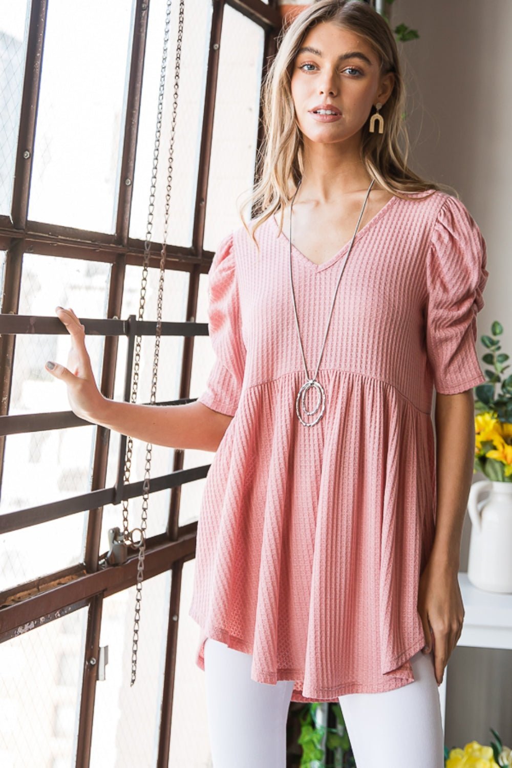 Heimish Full Size Waffle Knit V - Neck Babydoll Top - Top - ROSE - Bella Bourget