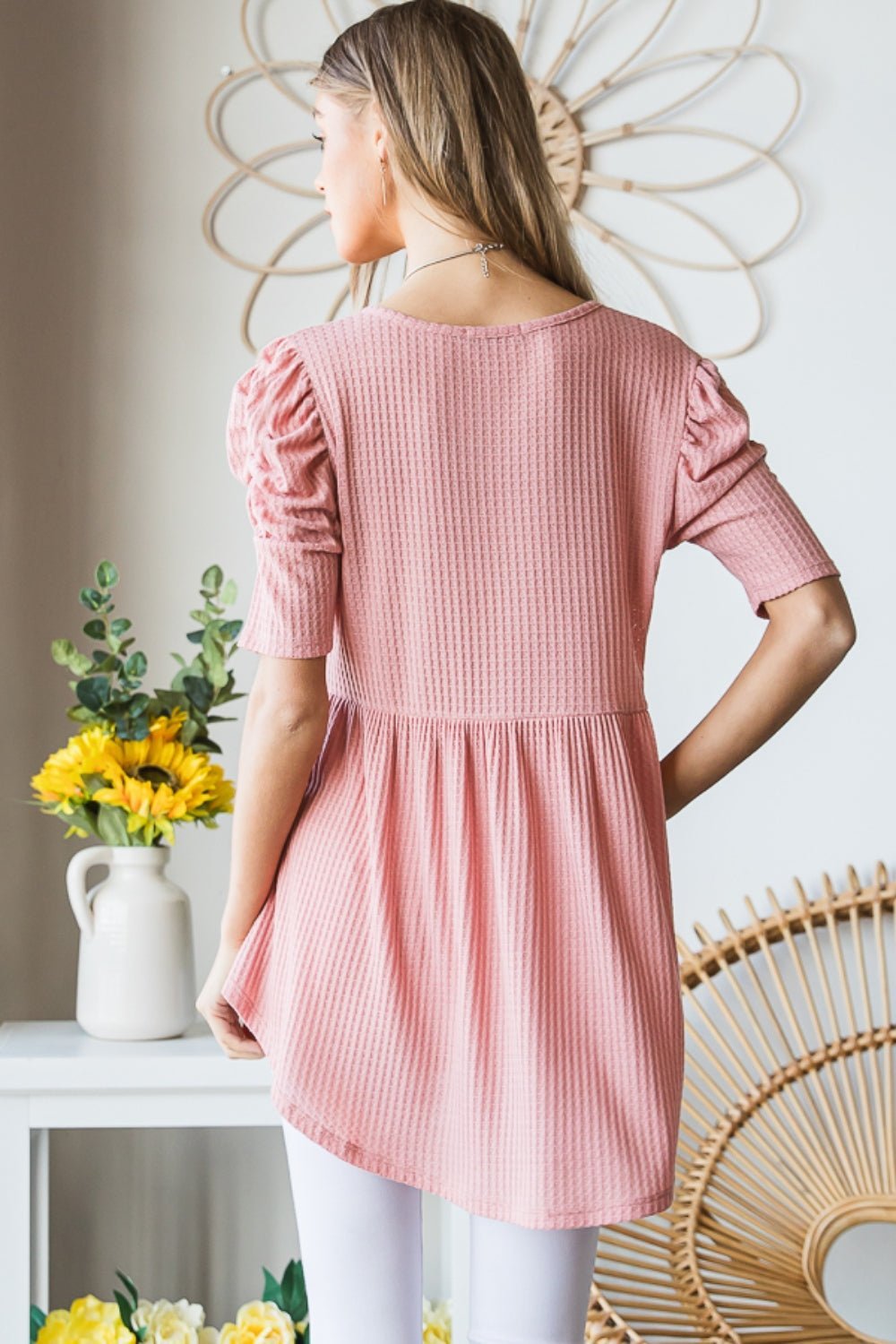 Heimish Full Size Waffle Knit V - Neck Babydoll Top - Top - ROSE - Bella Bourget