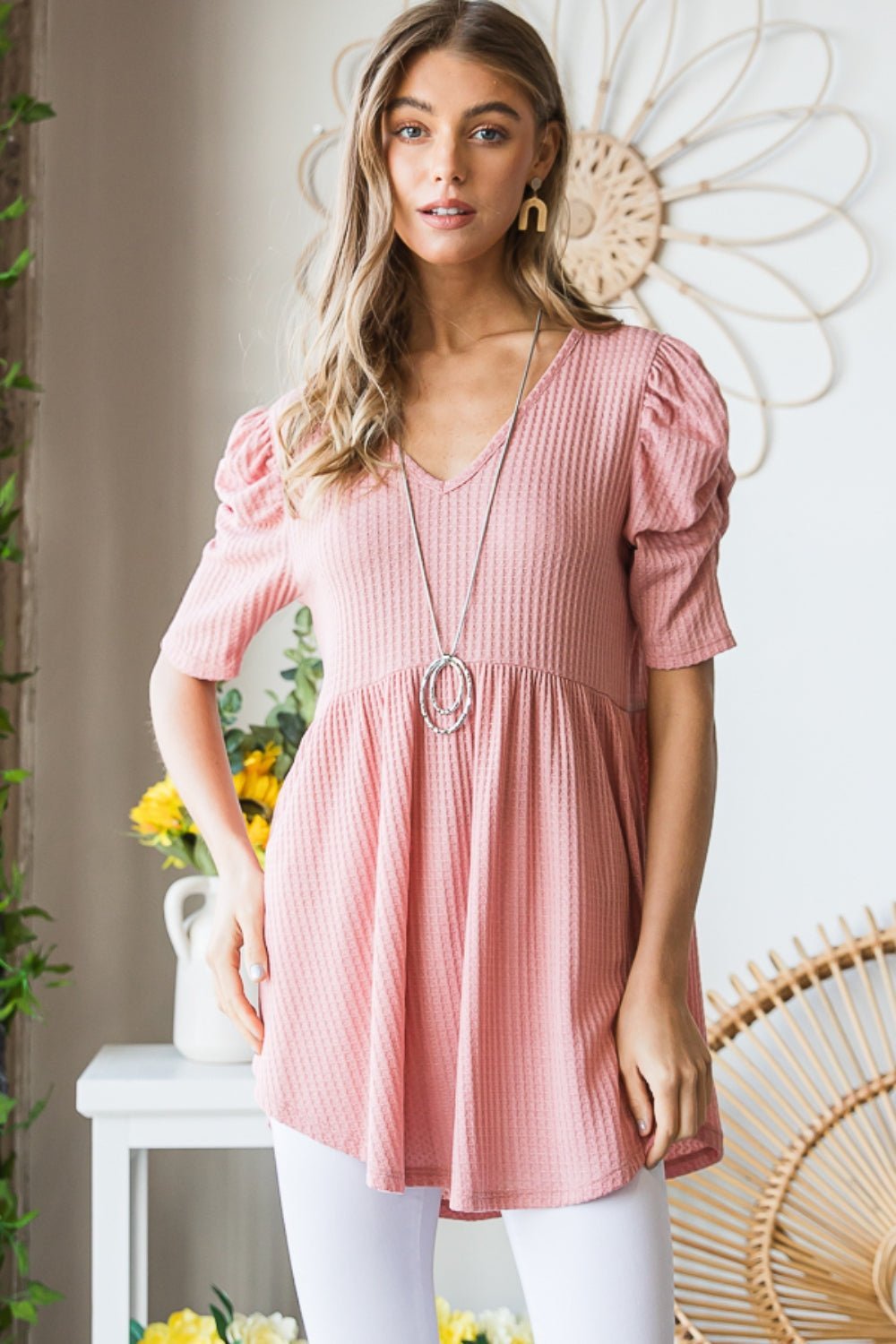 Heimish Full Size Waffle Knit V - Neck Babydoll Top - Top - ROSE - Bella Bourget