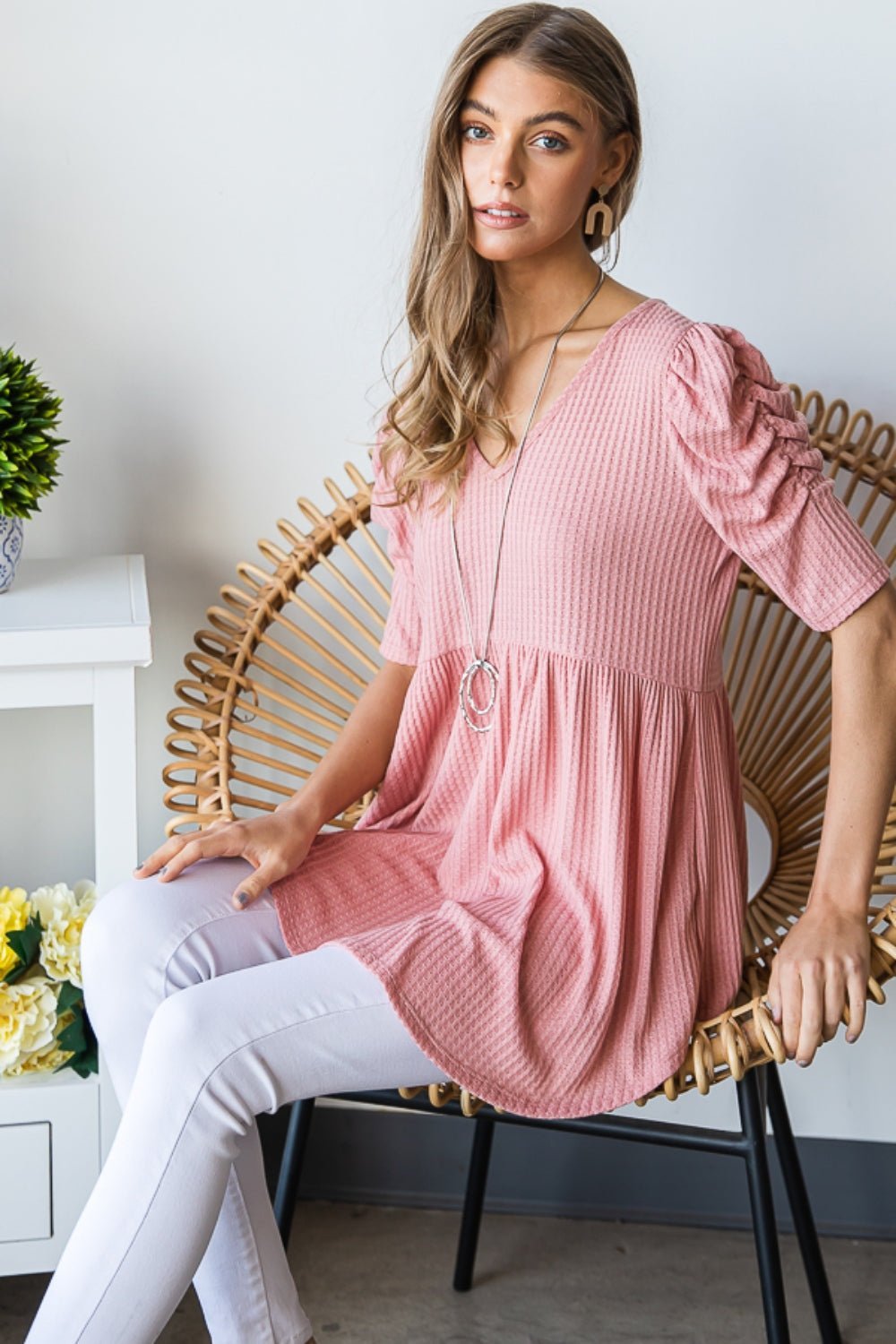 Heimish Full Size Waffle Knit V - Neck Babydoll Top - Top - ROSE - Bella Bourget