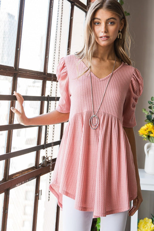 Heimish Full Size Waffle Knit V - Neck Babydoll Top - Top - ROSE - Bella Bourget