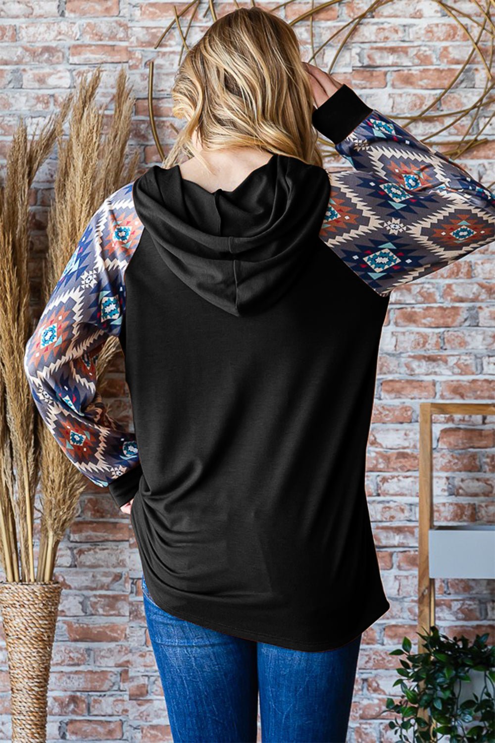 Heimish Half Button Printed Long Sleeve Hooded Top - Hoodie - Black - Bella Bourget