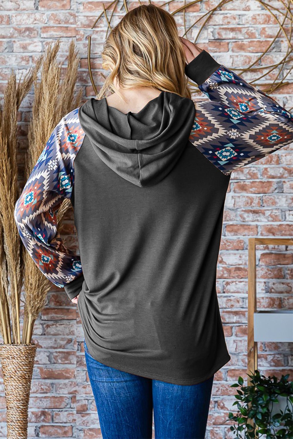 Heimish Half Button Printed Long Sleeve Hooded Top - Hoodie - Charcoal - Bella Bourget