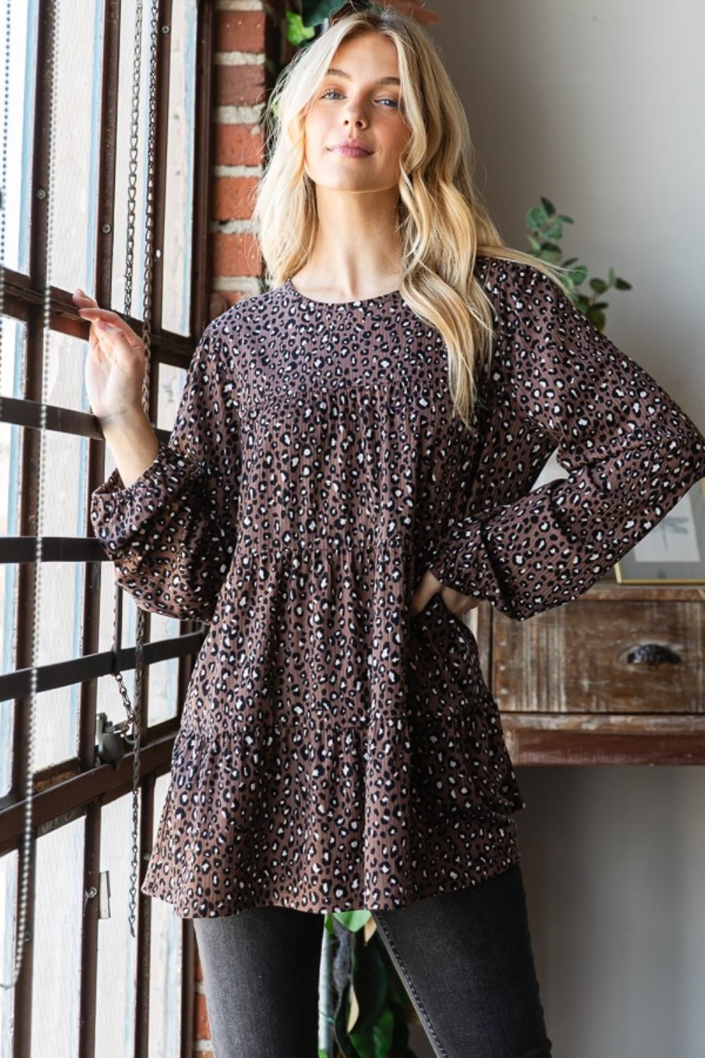 Heimish Leopard Long Sleeve Tiered Blouse - Blouse - Mocha - Bella Bourget