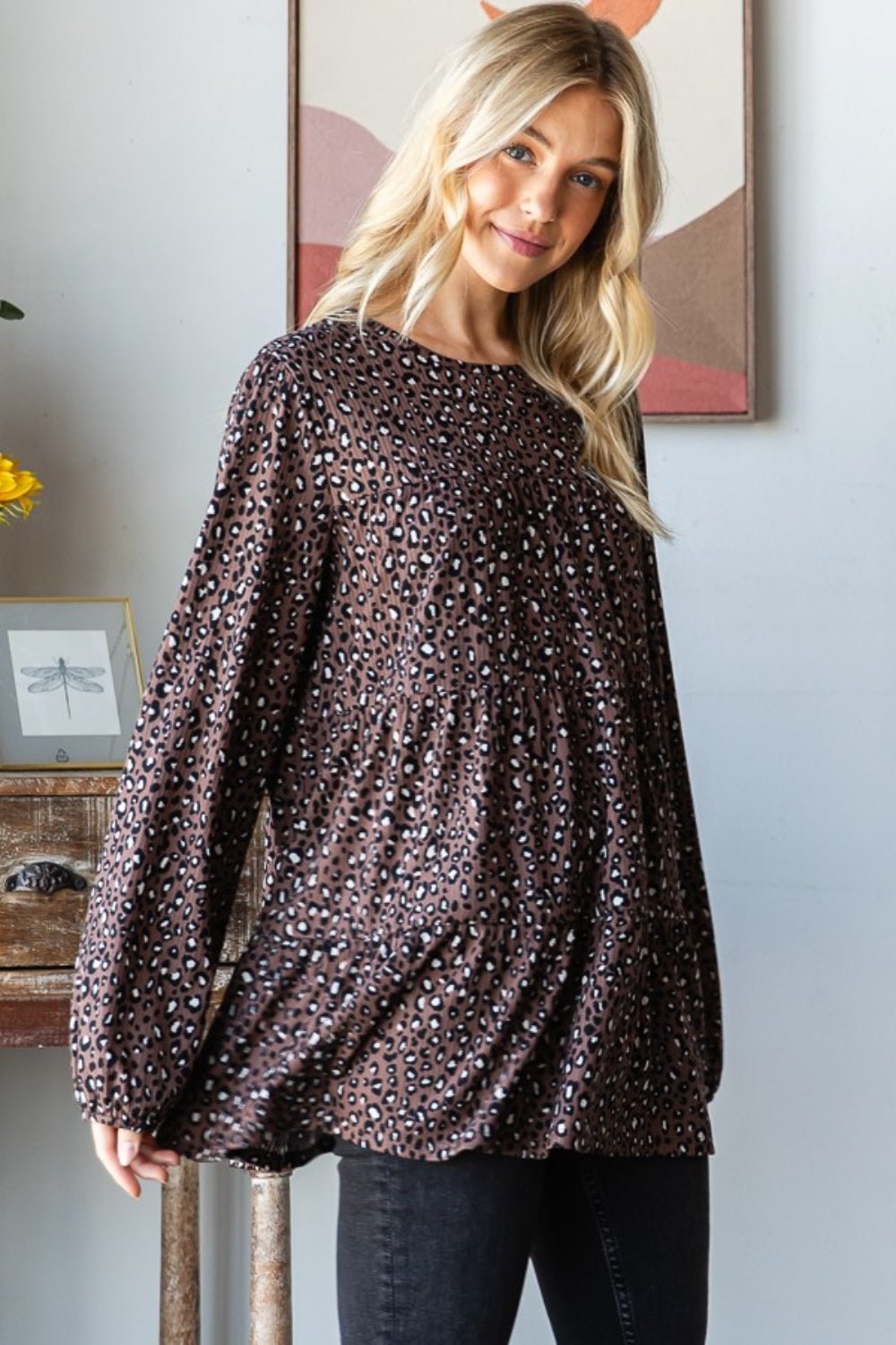 Heimish Leopard Long Sleeve Tiered Blouse - Blouse - Mocha - Bella Bourget