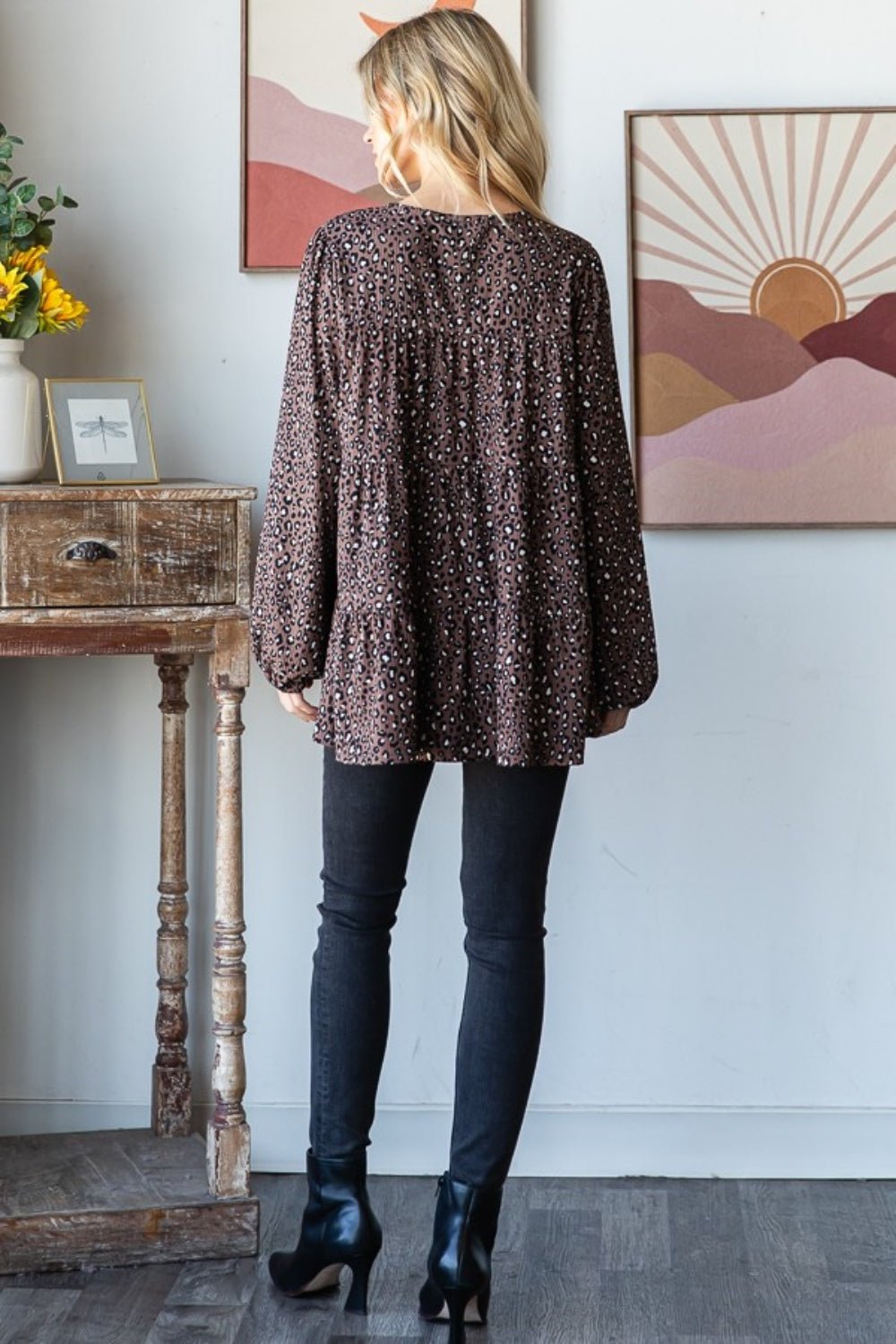 Heimish Leopard Long Sleeve Tiered Blouse - Blouse - Mocha - Bella Bourget