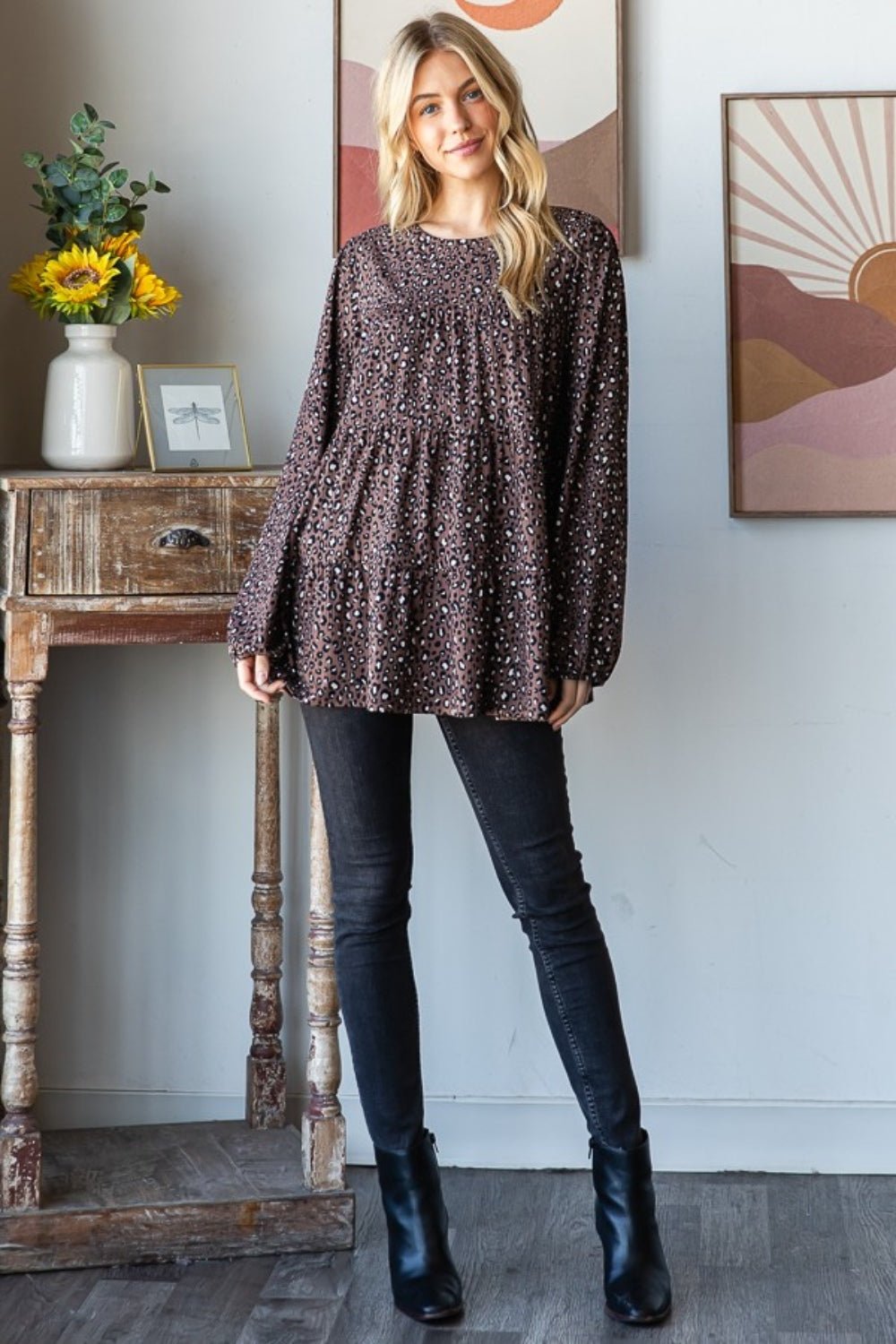 Heimish Leopard Long Sleeve Tiered Blouse - Blouse - Mocha - Bella Bourget