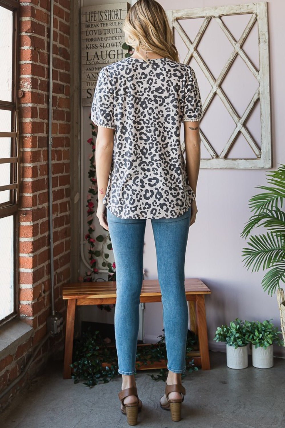 Heimish Leopard Round Neck Petal Sleeve T - Shirt - Top - TAUPEM - Bella Bourget