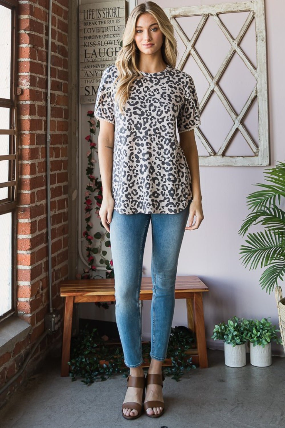 Heimish Leopard Round Neck Petal Sleeve T - Shirt - Top - TAUPEM - Bella Bourget