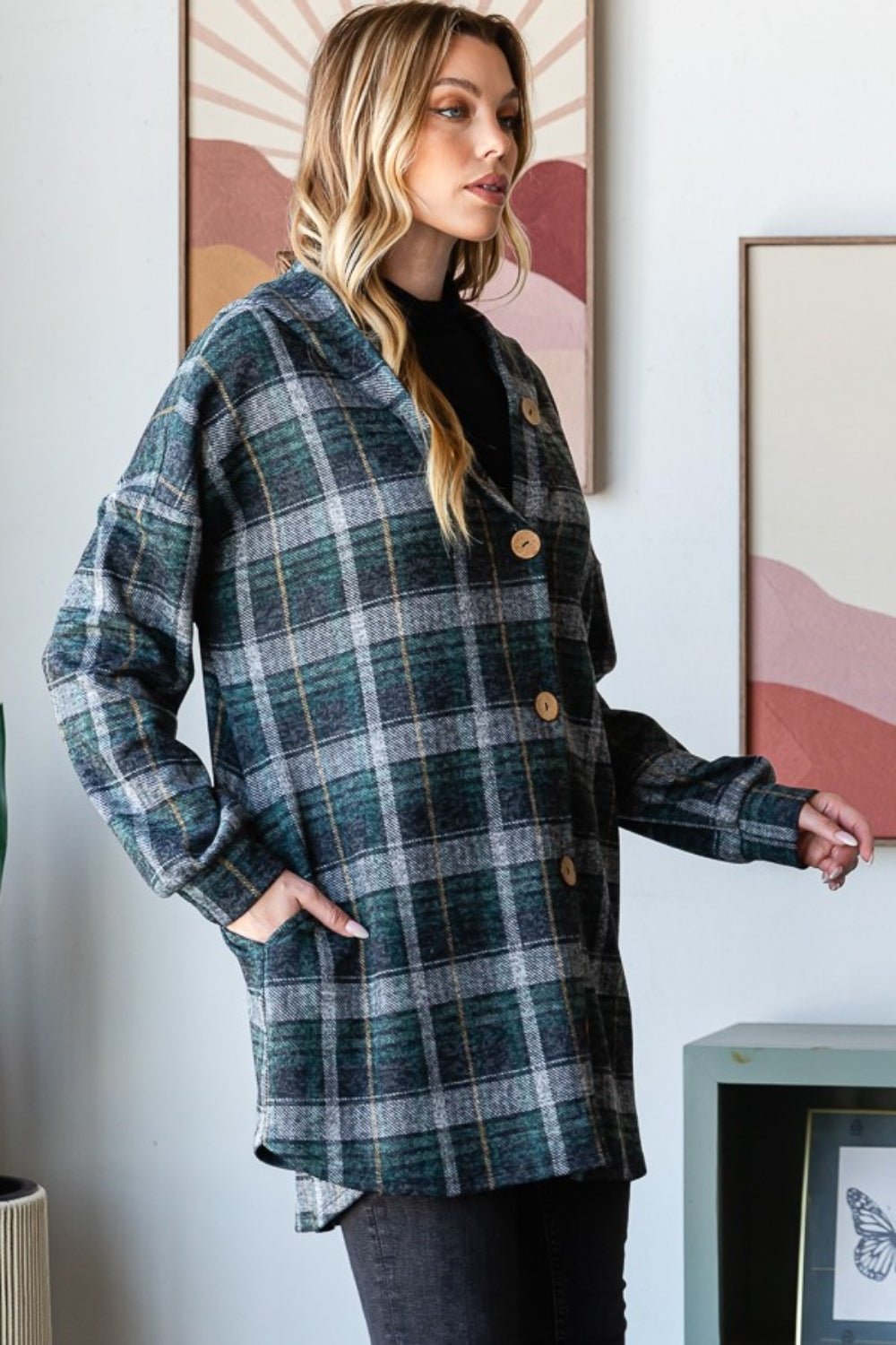 Heimish Plaid Button Down Long Sleeve Hooded Cardigan - Jacket - Hunter Green Multi - Bella Bourget