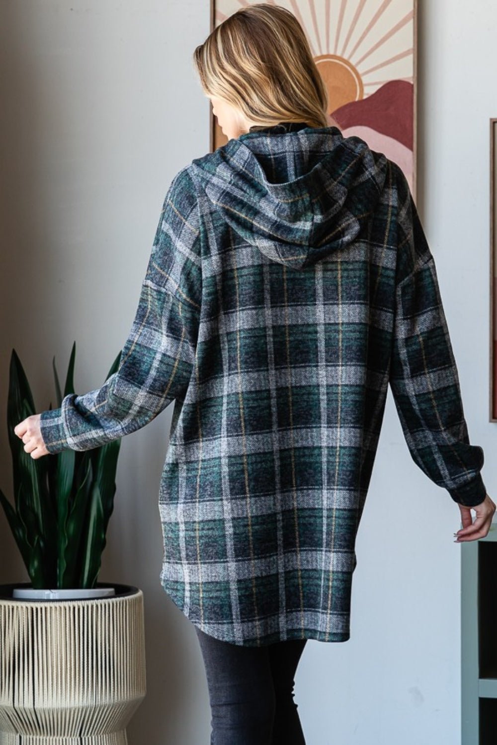 Heimish Plaid Button Down Long Sleeve Hooded Cardigan - Jacket - Hunter Green Multi - Bella Bourget