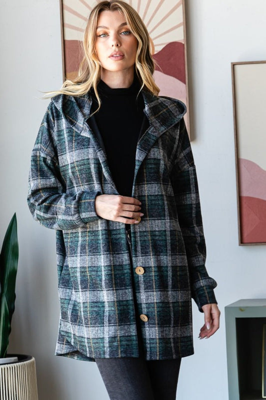 Heimish Plaid Button Down Long Sleeve Hooded Cardigan - Jacket - Hunter Green Multi - Bella Bourget