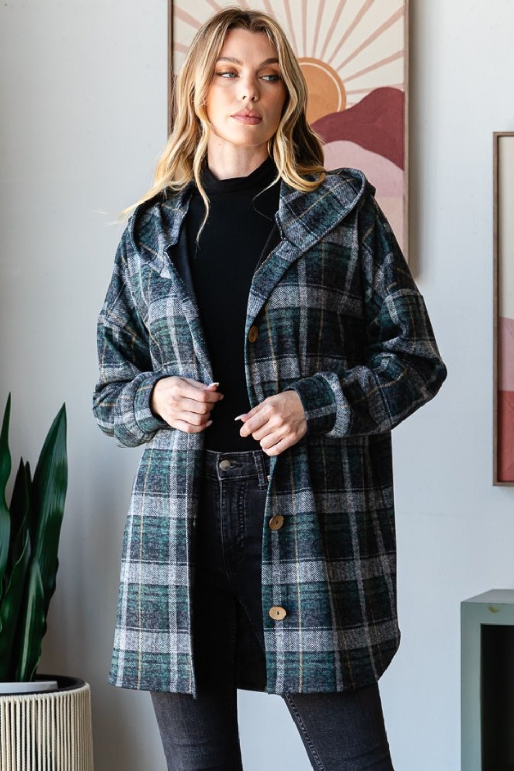 Heimish Plaid Button Down Long Sleeve Hooded Cardigan - Jacket - Hunter Green Multi - Bella Bourget