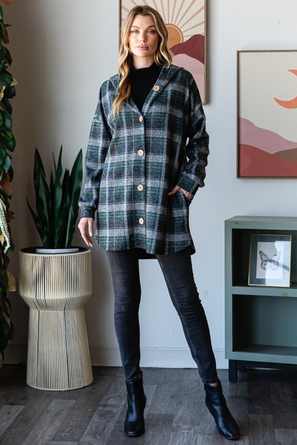 Heimish Plaid Button Down Long Sleeve Hooded Cardigan - Jacket - Hunter Green Multi - Bella Bourget