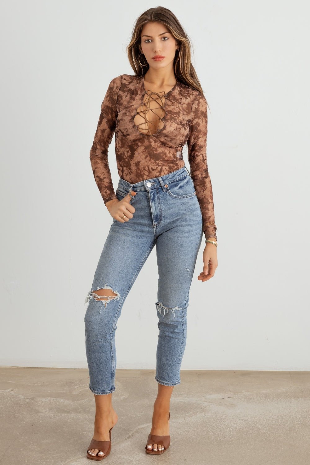 HERA COLLECTION Abstract Mesh Lace - Up Long Sleeve Bodysuit - Bodysuit - Mocha Taupe - Bella Bourget